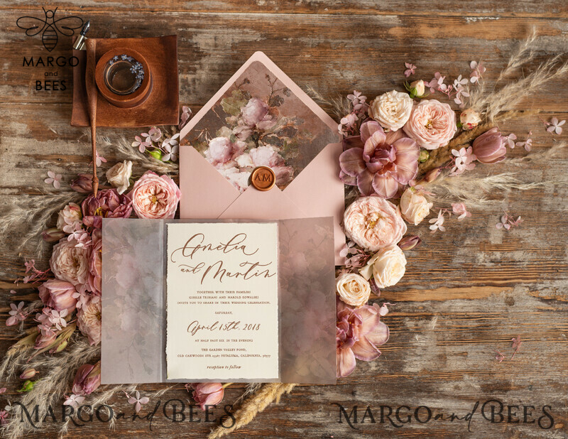 Elegant Vintage Wedding Invitations: Romantic Blush Pink Design with Luxury Oil Paint and Handmade Vellum Suite-1