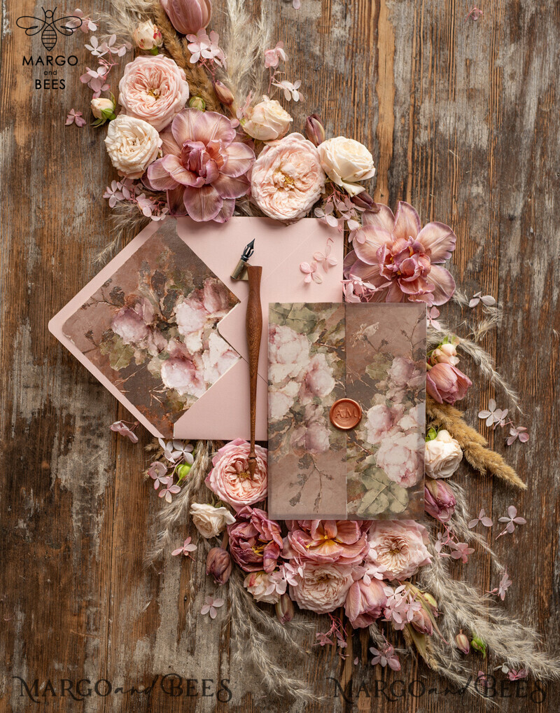 Elegant Vintage Wedding Invitations: Romantic Blush Pink Design with Luxury Oil Paint and Handmade Vellum Suite-2