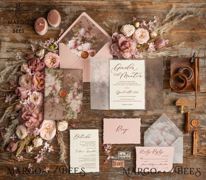 Elegant Vintage Wedding Invitations: Romantic Blush Pink Design with Luxury Oil Paint and Handmade Vellum Suite-3