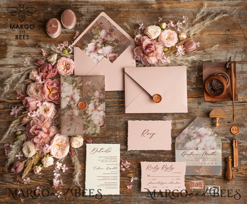 Elegant Vintage Wedding Invitations: Romantic Blush Pink Design with Luxury Oil Paint and Handmade Vellum Suite-4