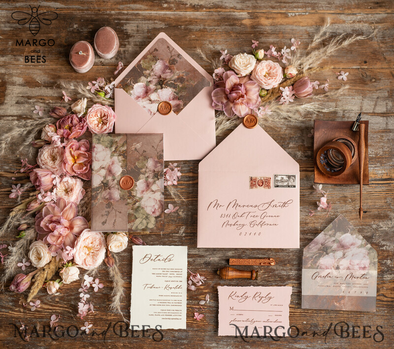 Elegant Vintage Wedding Invitations: Romantic Blush Pink Design with Luxury Oil Paint and Handmade Vellum Suite-5