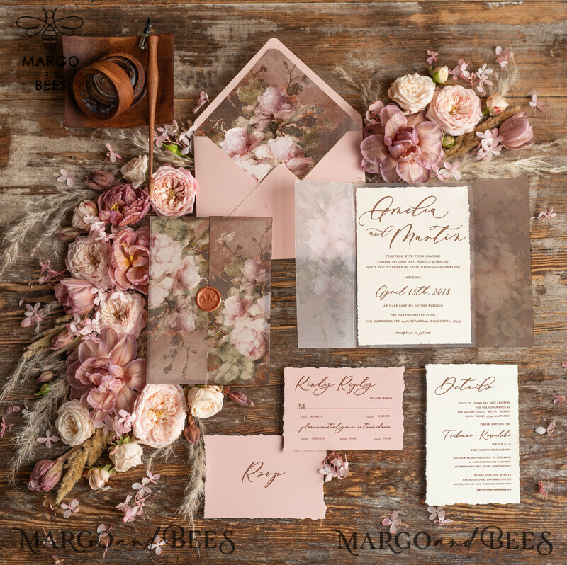 Elegant Vintage Wedding Invitations: Romantic Blush Pink Design with Luxury Oil Paint and Handmade Vellum Suite-0