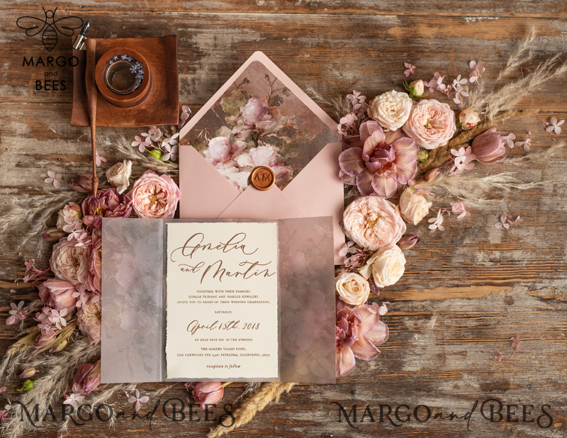 Romantic Vintage Wedding invitations, Vellum Wrapping and Wax Seal Wedding Invite, Elegant Blush Pink Wedding Cards-1