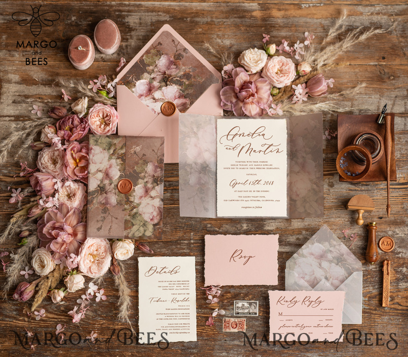  Elegant Vintage Wedding Invitations, Romantic Blush Pink Wedding Invites, Luxury Oil Paint Wedding Cards, Handmade Vellum Wedding Invitation Suite-3