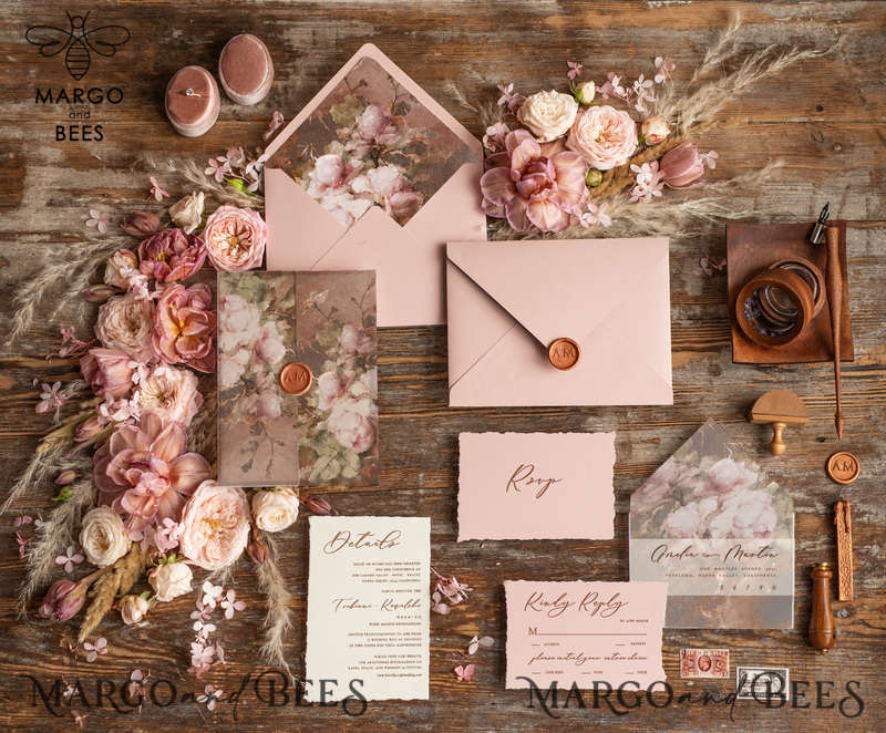  Elegant Vintage Wedding Invitations, Romantic Blush Pink Wedding Invites, Luxury Oil Paint Wedding Cards, Handmade Vellum Wedding Invitation Suite-4