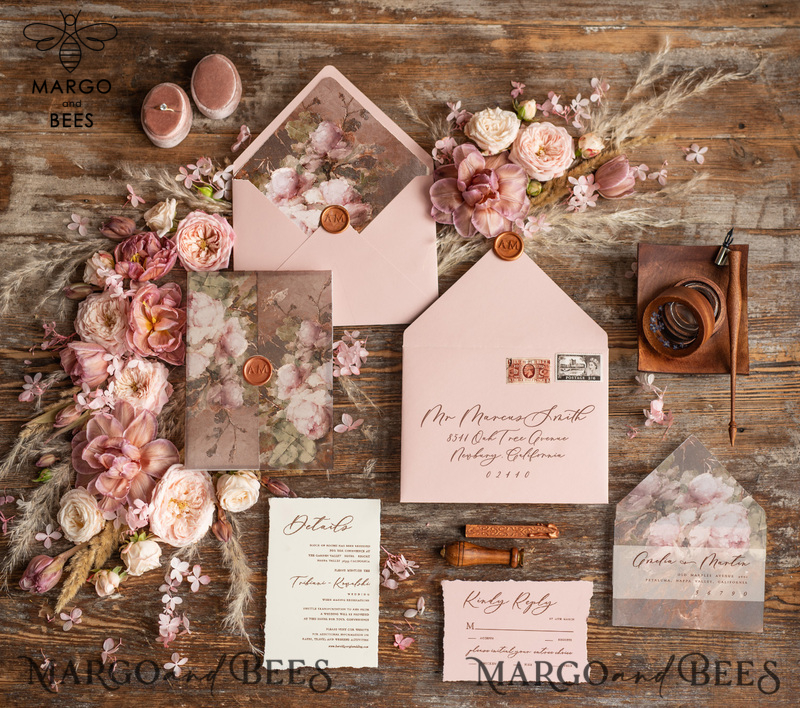  Elegant Vintage Wedding Invitations, Romantic Blush Pink Wedding Invites, Luxury Oil Paint Wedding Cards, Handmade Vellum Wedding Invitation Suite-5