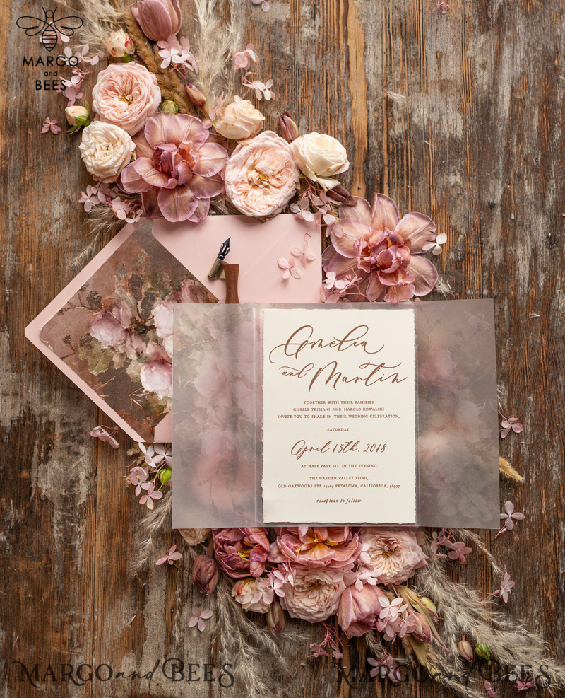  Elegant Vintage Wedding Invitations, Romantic Blush Pink Wedding Invites, Luxury Oil Paint Wedding Cards, Handmade Vellum Wedding Invitation Suite-6