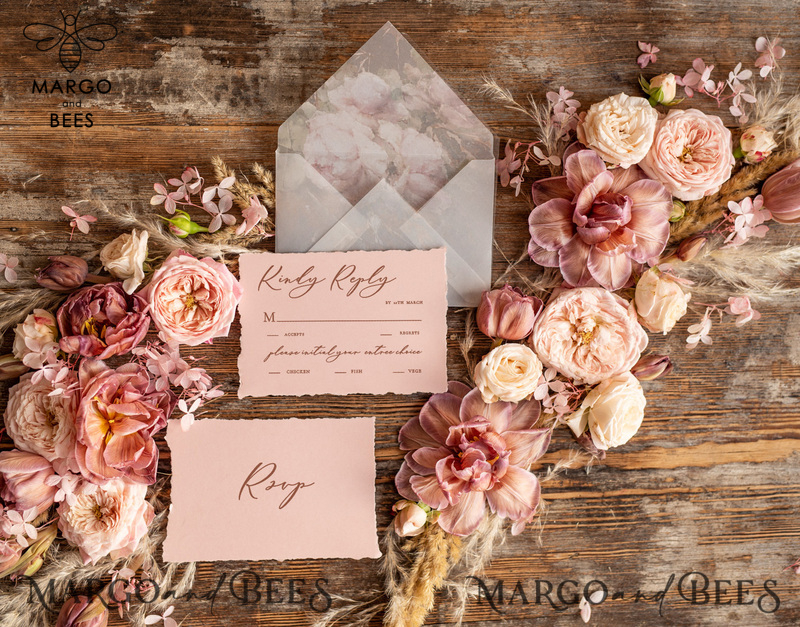  Elegant Vintage Wedding Invitations, Romantic Blush Pink Wedding Invites, Luxury Oil Paint Wedding Cards, Handmade Vellum Wedding Invitation Suite-7