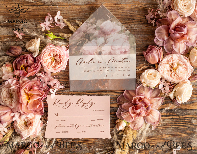  Elegant Vintage Wedding Invitations, Romantic Blush Pink Wedding Invites, Luxury Oil Paint Wedding Cards, Handmade Vellum Wedding Invitation Suite-8