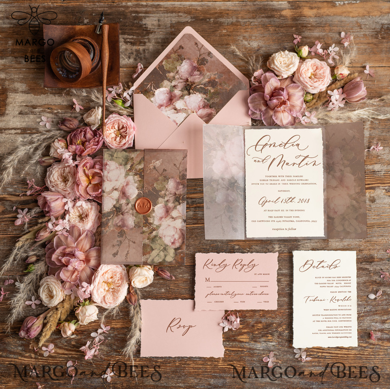 Romantic Vintage Wedding invitations, Vellum Wrapping and Wax Seal Wedding Invite, Elegant Blush Pink Wedding Cards-0