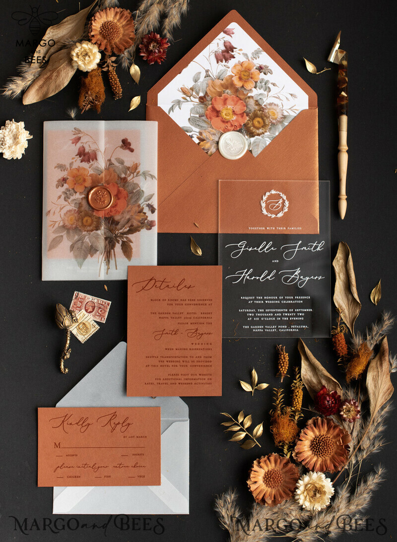 Exquisite Handmade Vintage Terracotta Wedding Invitation Suite with Glamourous Copper Shimmer and Elegant Acrylic Plexi Details-1