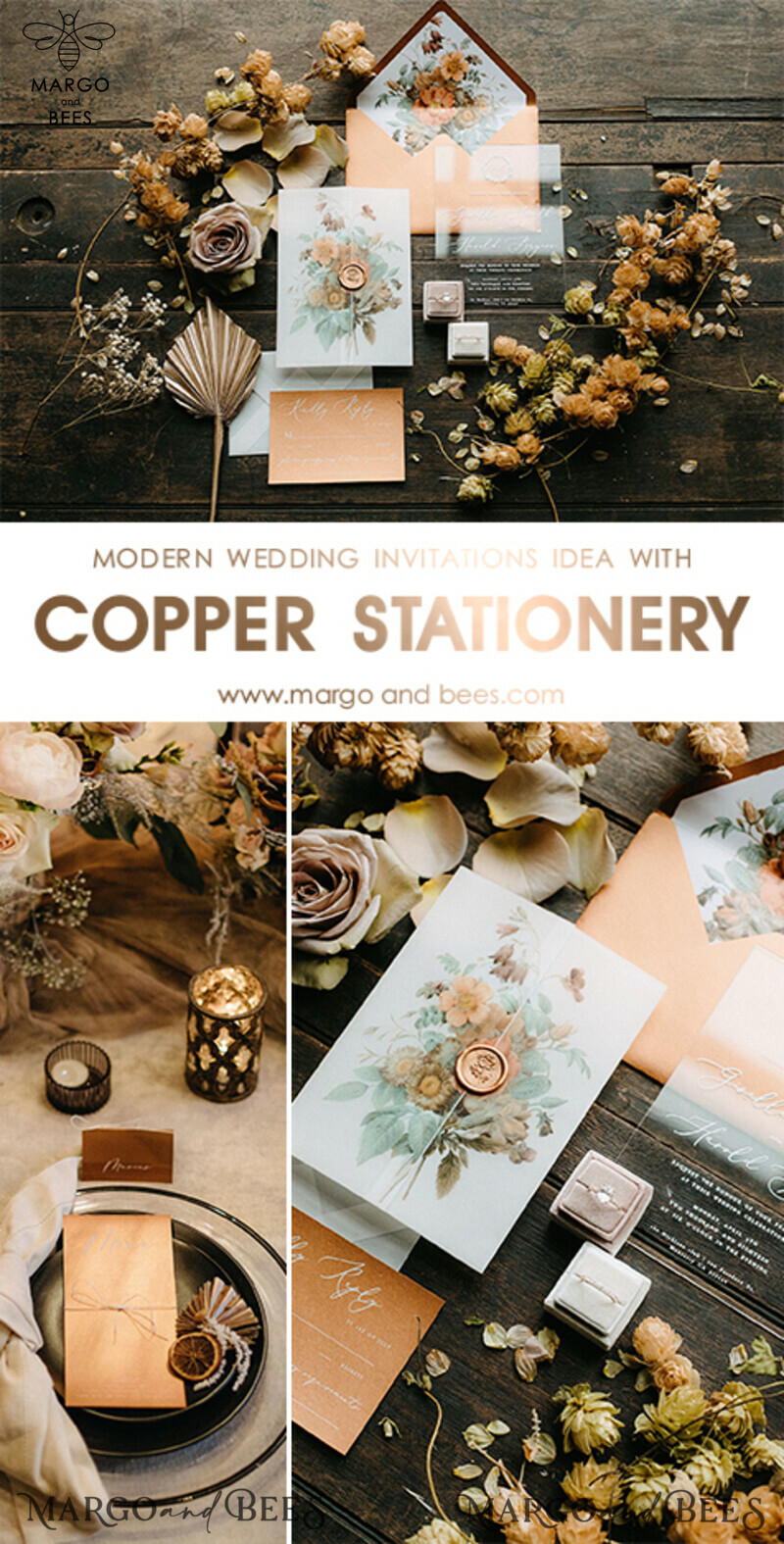 Exquisite Handmade Vintage Terracotta Wedding Invitation Suite with Glamourous Copper Shimmer and Elegant Acrylic Plexi Details-3