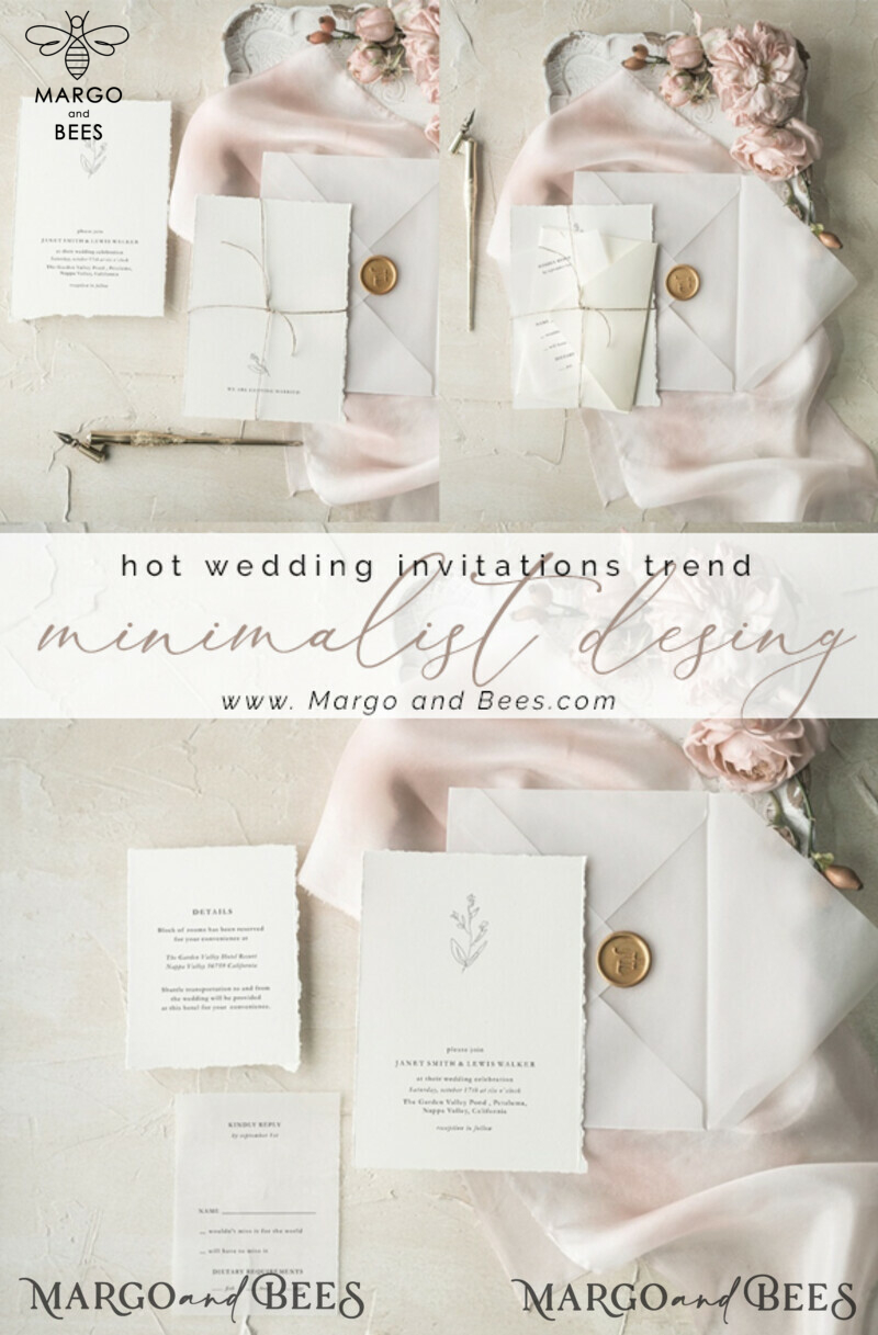 Elegant and Minimalistic White Wedding Invitations: Handmade Stationery with Vellum Envelope-1