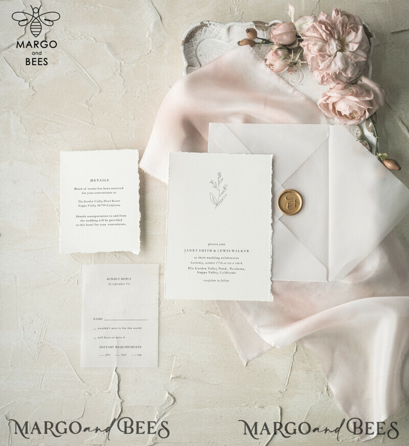Minimalistic White Wedding Invitations, Handmade Wedding Stationery, Elegant Modern Wedding Cards, Aesthetic Wedding Invitation Suite With Vellum Envelope-2
