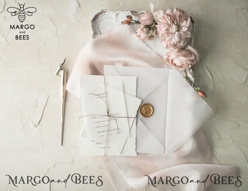 Minimalistic White Wedding Invitations, Handmade Wedding Stationery, Elegant Modern Wedding Cards, Aesthetic Wedding Invitation Suite With Vellum Envelope-4