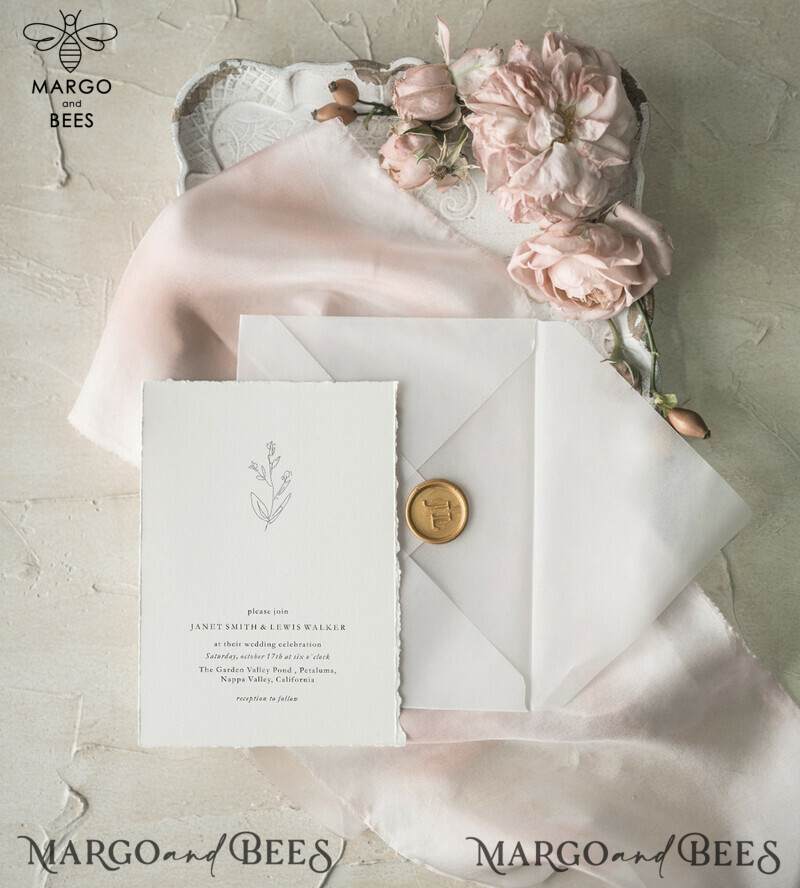 Elegant and Minimalistic White Wedding Invitations: Handmade Stationery with Vellum Envelope-8