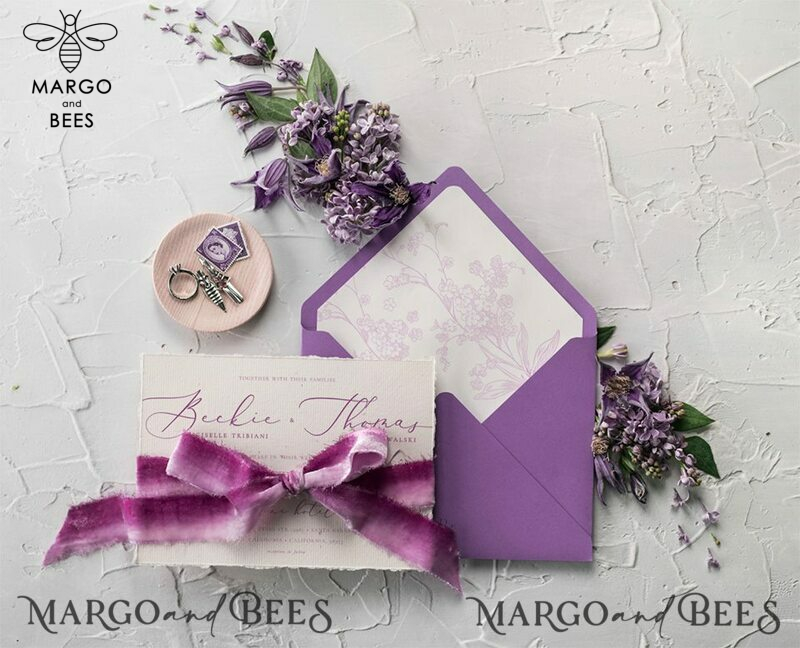 Minimalist Lillac Wedding Invitations Fine Art Stationery with Floral Sketch Silk Velvet Bow Purple  Envelope with Monogram Liner-1