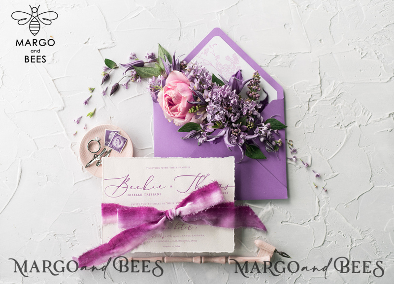 Minimalist Lillac Wedding Invitations Fine Art Stationery with Floral Sketch Silk Velvet Bow Purple  Envelope with Monogram Liner-10