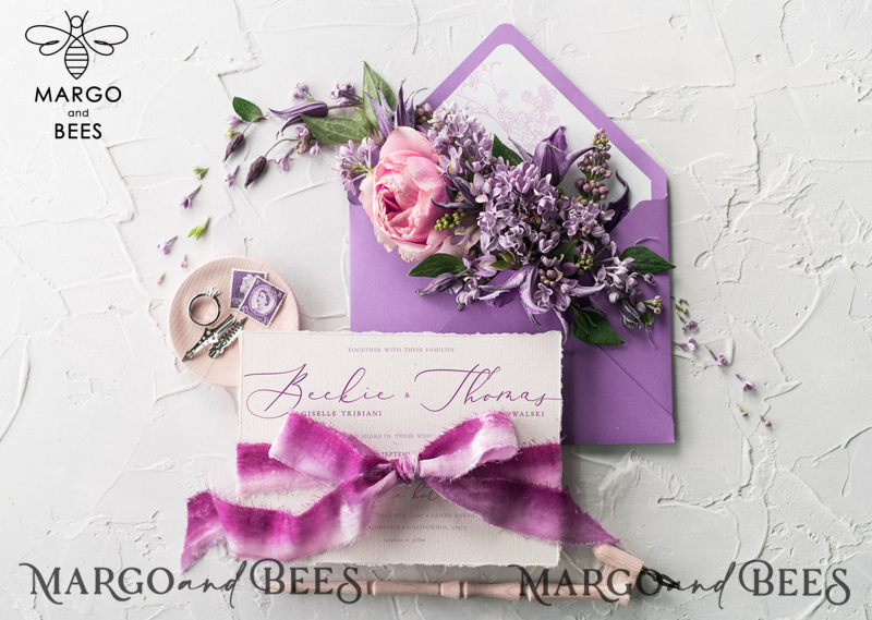 Minimalist Lillac Wedding Invitations Fine Art Stationery with Floral Sketch Silk Velvet Bow Purple  Envelope with Monogram Liner-11