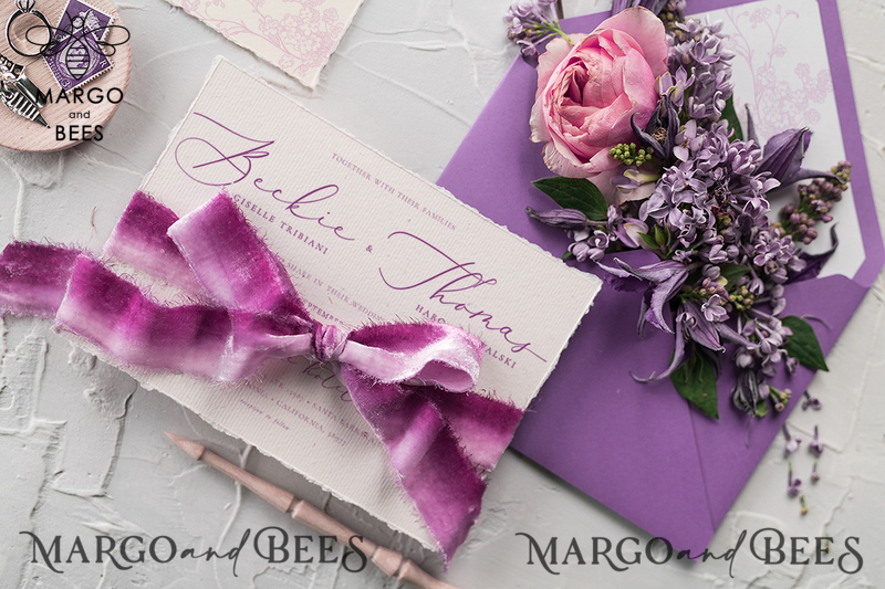 Minimalist Lillac Wedding Invitations Fine Art Stationery with Floral Sketch Silk Velvet Bow Purple  Envelope with Monogram Liner-2