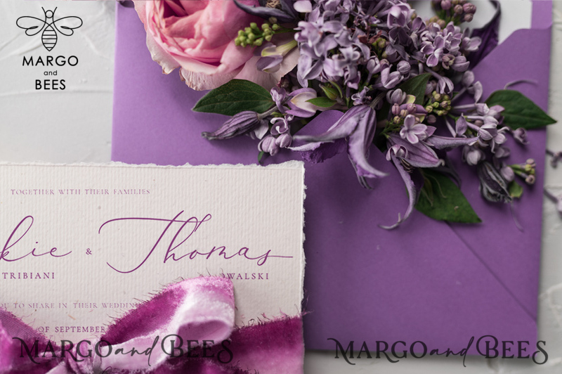Minimalist Lillac Wedding Invitations Fine Art Stationery with Floral Sketch Silk Velvet Bow Purple  Envelope with Monogram Liner-3