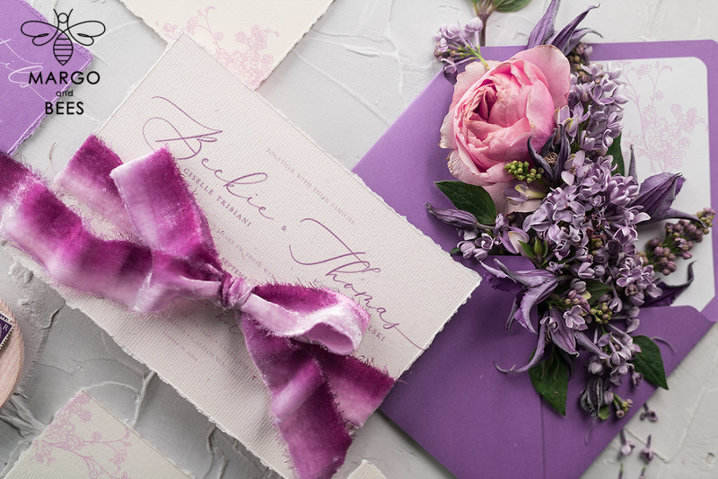 Minimalist Lillac Wedding Invitations Fine Art Stationery with Floral Sketch Silk Velvet Bow Purple  Envelope with Monogram Liner-4