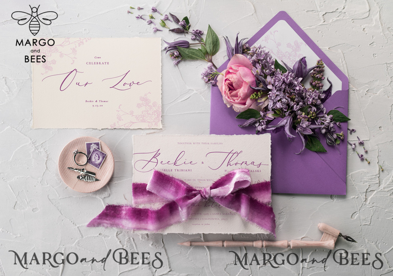 Minimalist Lillac Wedding Invitations Fine Art Stationery with Floral Sketch Silk Velvet Bow Purple  Envelope with Monogram Liner-5