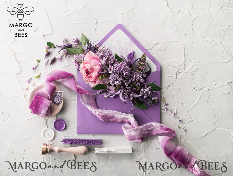Minimalist Lillac Wedding Invitations Fine Art Stationery with Floral Sketch Silk Velvet Bow Purple  Envelope with Monogram Liner-6