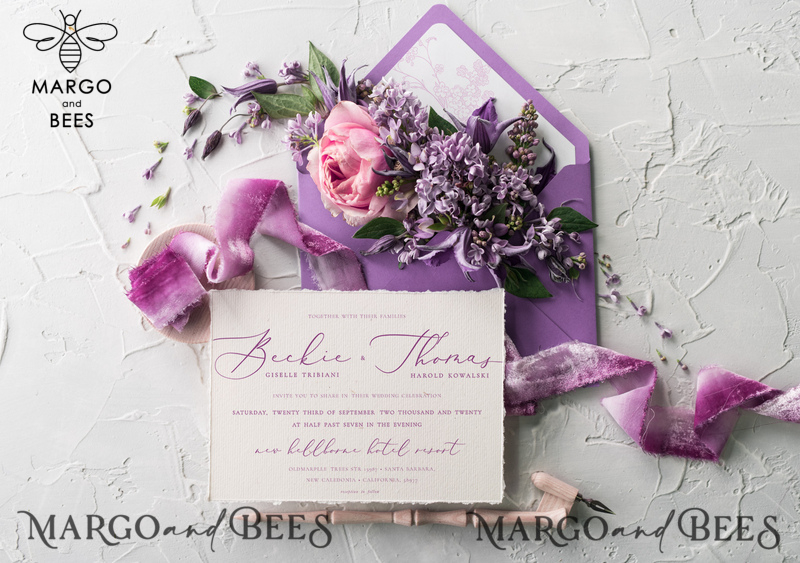 Minimalist Lillac Wedding Invitations Fine Art Stationery with Floral Sketch Silk Velvet Bow Purple  Envelope with Monogram Liner-7