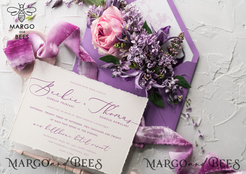 Minimalist Lillac Wedding Invitations Fine Art Stationery with Floral Sketch Silk Velvet Bow Purple  Envelope with Monogram Liner-8