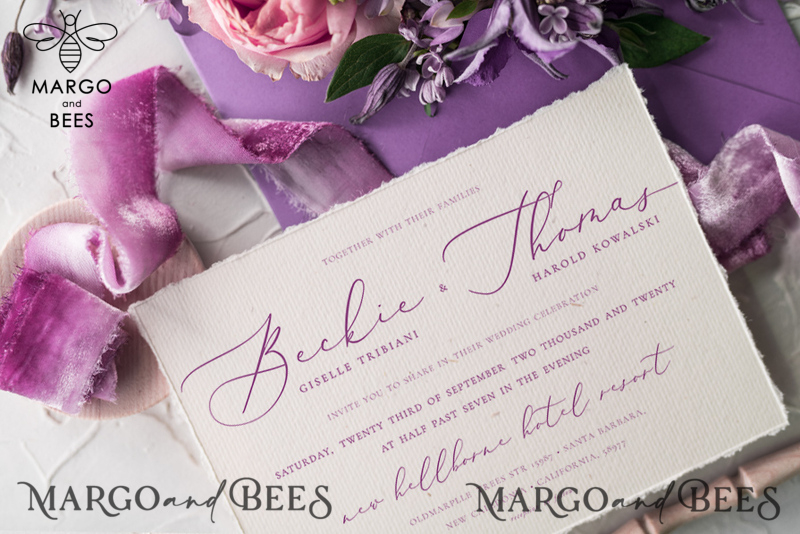 Minimalist Lillac Wedding Invitations Fine Art Stationery with Floral Sketch Silk Velvet Bow Purple  Envelope with Monogram Liner-9