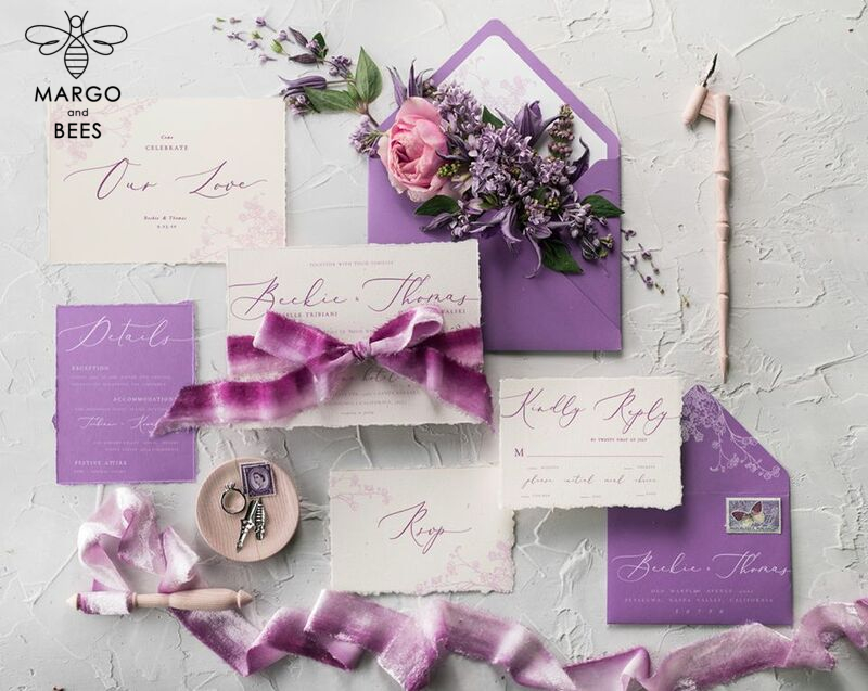 Minimalist Lillac Wedding Invitations Fine Art Stationery with Floral Sketch Silk Velvet Bow Purple  Envelope with Monogram Liner-0