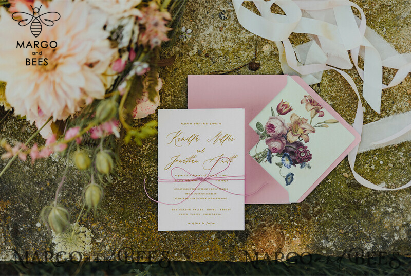 Elegant Vintage Floral Wedding Invitations: Romantic Blush Pink & Bespoke Nude Handmade Wedding Stationery-3