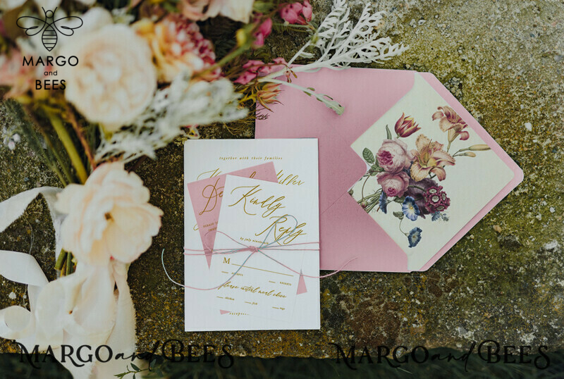 Elegant Personalized Wedding Invitations Romantic Stationery with Garden Vintage Flowers Pink Envelope with Monogram Liner-4