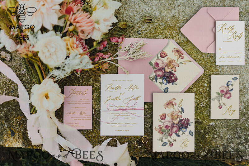 Vintage Floral Wedding Invitations, Romantic Blush Pink Wedding Invites, Bespoke Nude Wedding Cards, Handmade Wedding Stationery-0