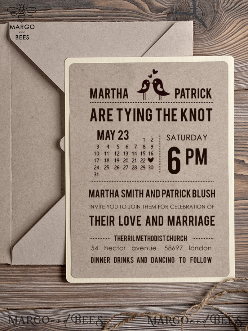 Modern Wedding Lovebirds Invitations Callendar Cheap Stationery with Handmade craft Envelope -3