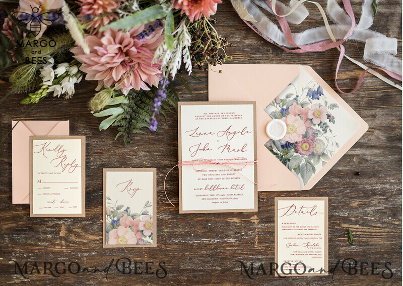Floral Vintage Wedding Invitations, Bespoke And Elegant Wedding Invites, Minimalistic Wedding Cards, Handmade Wedding Stationery-2