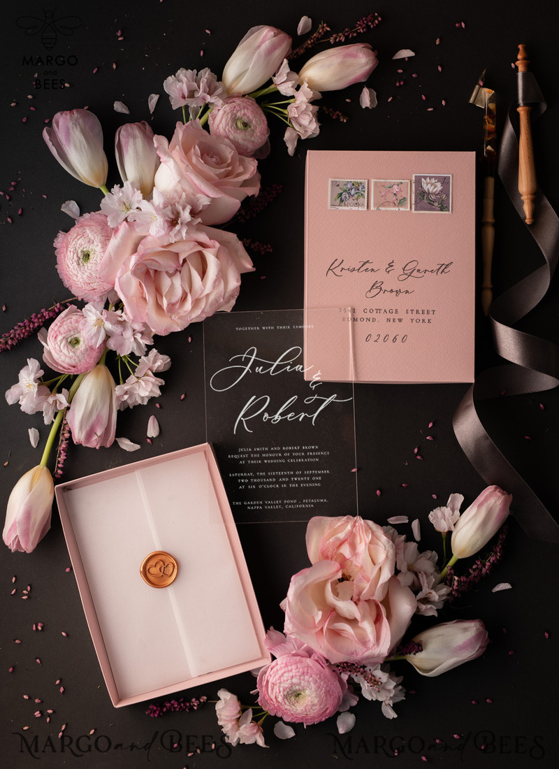 Romantic Blush Pink Box Wedding Invitation Suite, Elegant Affordable Wedding Invites, Luxury Acrylic Plexi Wedding Invitations, Glamour Vellum Wedding Cards-4