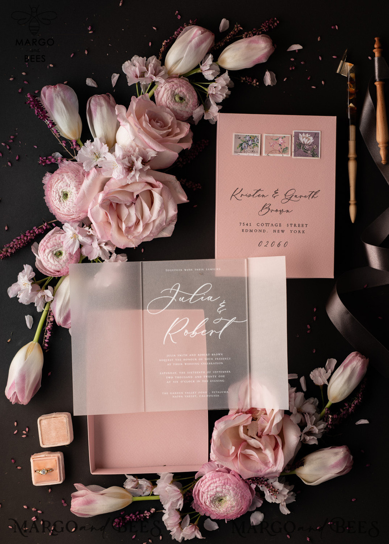 Romantic Blush Pink Box Wedding Invitation Suite, Elegant Affordable Wedding Invites, Luxury Acrylic Plexi Wedding Invitations, Glamour Vellum Wedding Cards-11