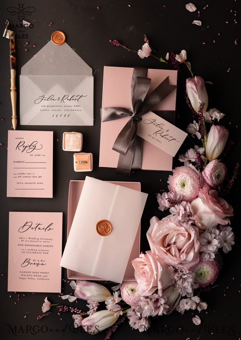 Romantic Blush Pink Box Wedding Invitation Suite, Elegant Affordable Wedding Invites, Luxury Acrylic Plexi Wedding Invitations, Glamour Vellum Wedding Cards-1