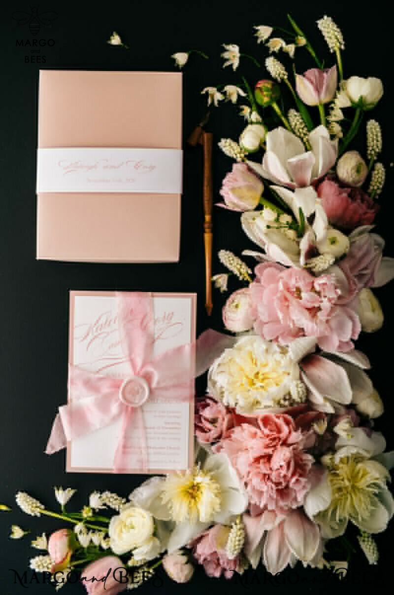 Elegant Blush Pink Wedding Invitations: Minimalistic and Vintage Luxury Box Wedding Invites for Glamour Wedding Stationery.-1