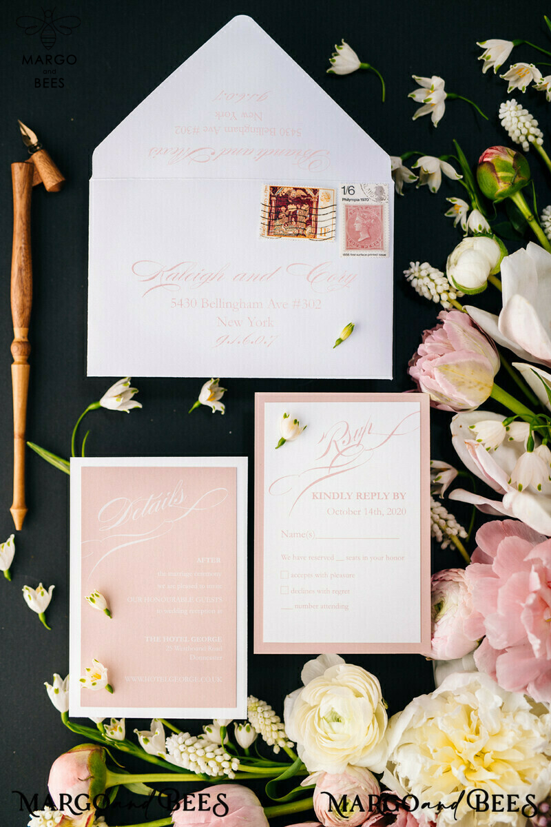 Elegant Blush Pink Wedding Invitations: Minimalistic and Vintage Luxury Box Wedding Invites for Glamourous Wedding Stationery-11