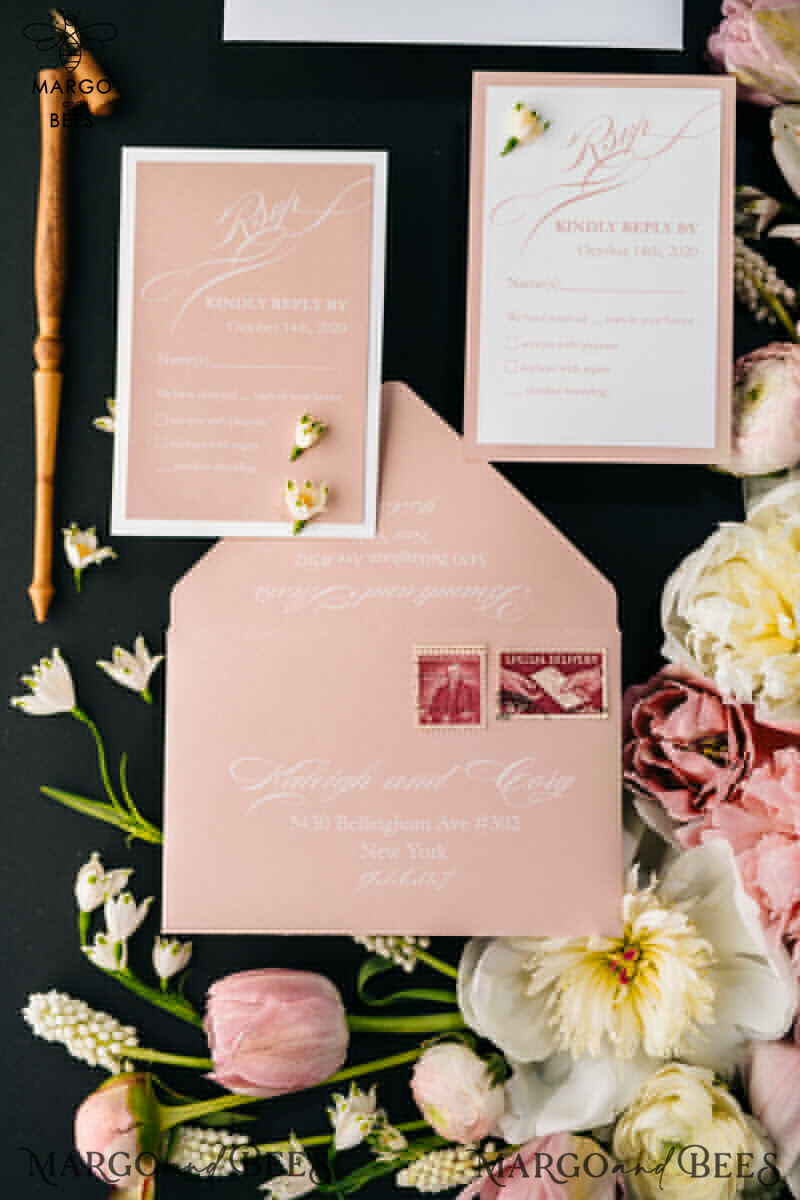 Elegant Blush Pink Wedding Invitations: Minimalistic and Vintage Luxury Box Wedding Invites for Glamour Wedding Stationery.-13
