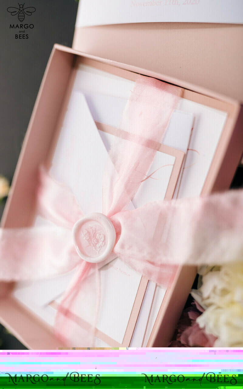 Box Wedding Invitations Fine Art Stationery with Handmade Silk Bow and Floral Wax Seal-16
