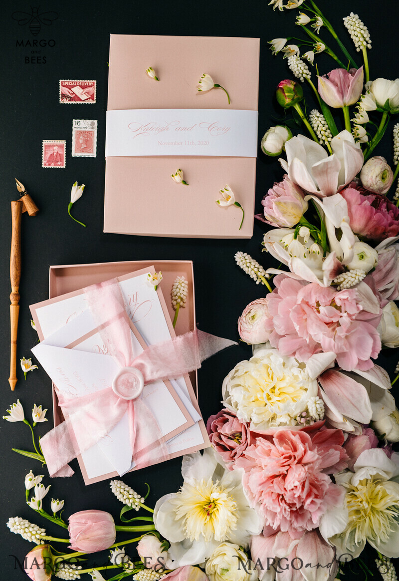 Elegant Blush Pink Wedding Invitations: Minimalistic and Vintage Luxury Box Wedding Invites for Glamour Wedding Stationery.-17