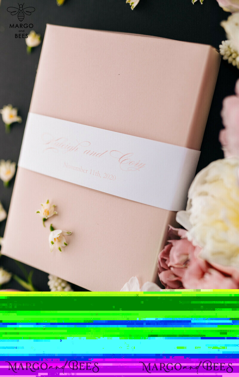 Elegant Blush Pink Wedding Invitations: Minimalistic and Vintage Luxury Box Wedding Invites for Glamourous Wedding Stationery-18