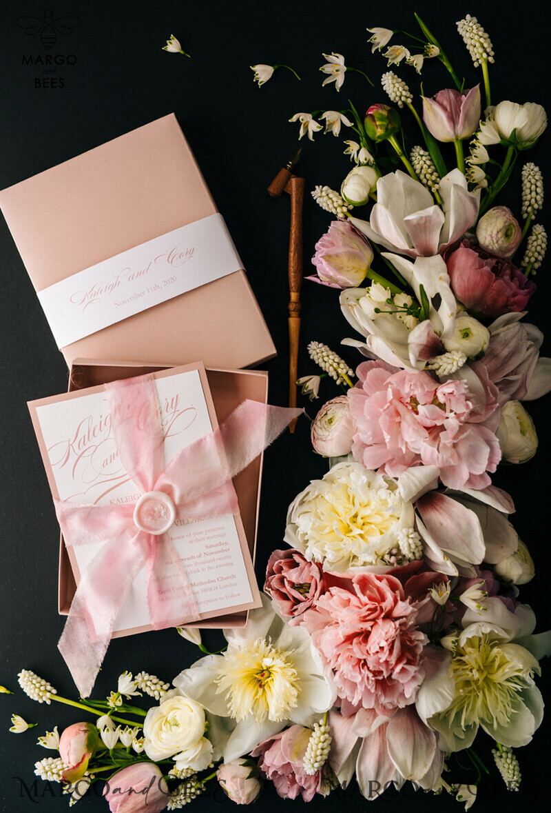 Elegant Blush Pink Wedding Invitations: Minimalistic and Vintage Luxury Box Wedding Invites for Glamourous Wedding Stationery-2