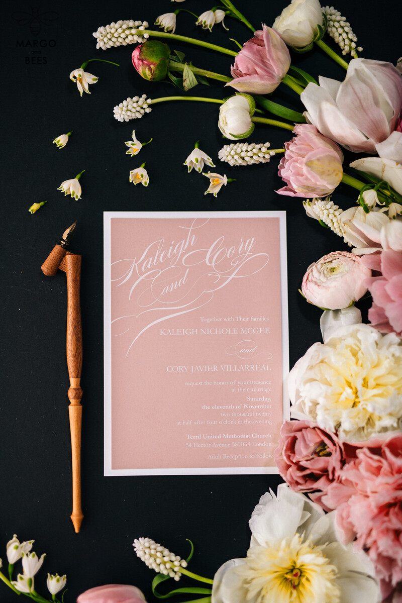 Elegant Blush Pink Wedding Invitations: Minimalistic and Vintage Luxury Box Wedding Invites for Glamourous Wedding Stationery-25