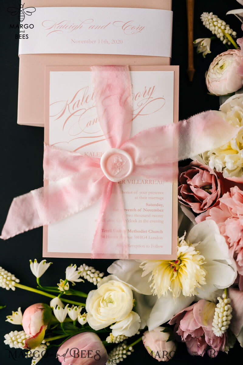 Elegant Blush Pink Wedding Invitations: Minimalistic and Vintage Luxury Box Wedding Invites for Glamour Wedding Stationery.-4