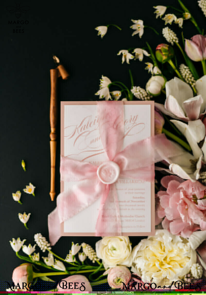 Elegant Blush Pink Wedding Invitations: Minimalistic and Vintage Luxury Box Wedding Invites for Glamour Wedding Stationery.-5